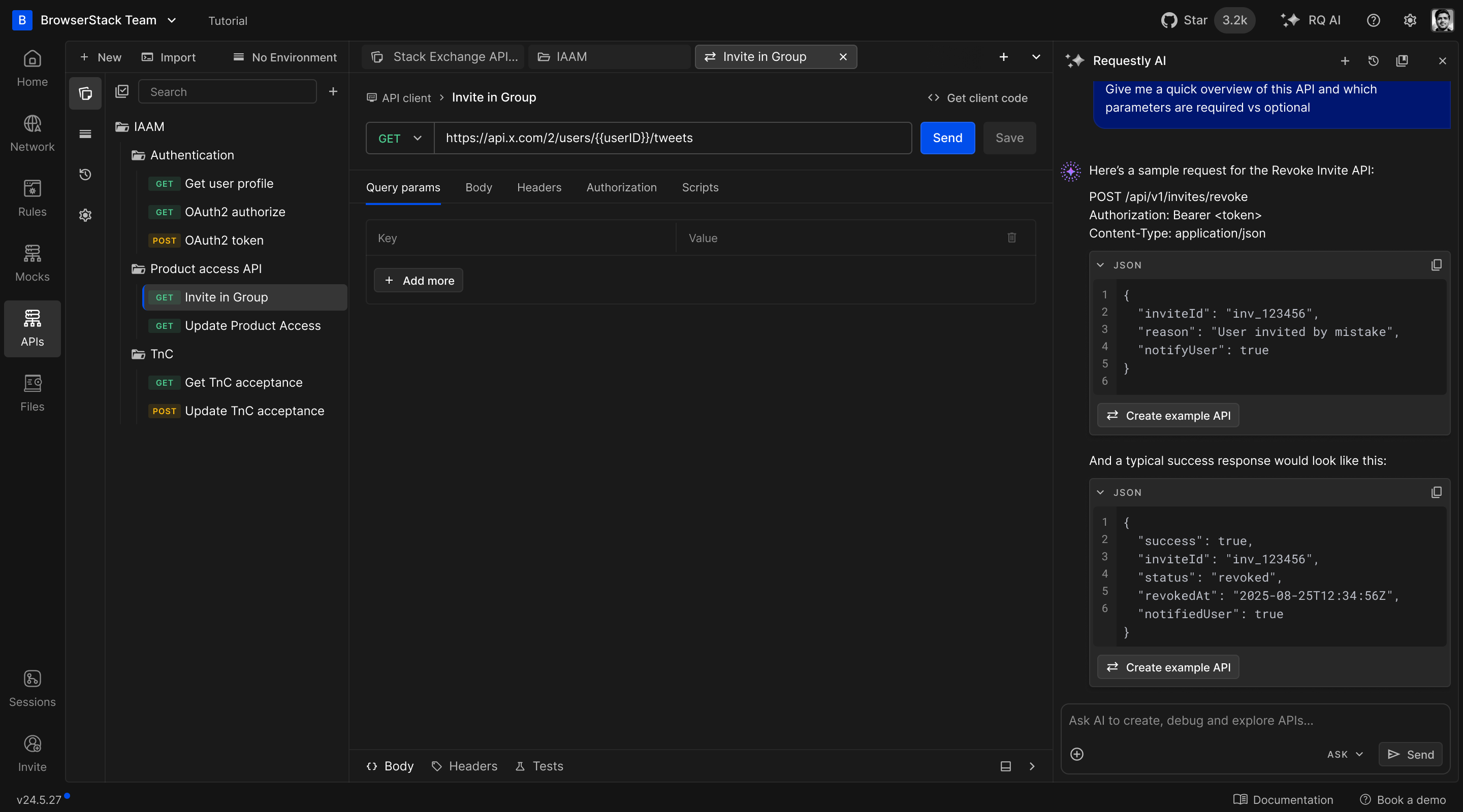 AI-generated request and response JSON samples with create-example actions