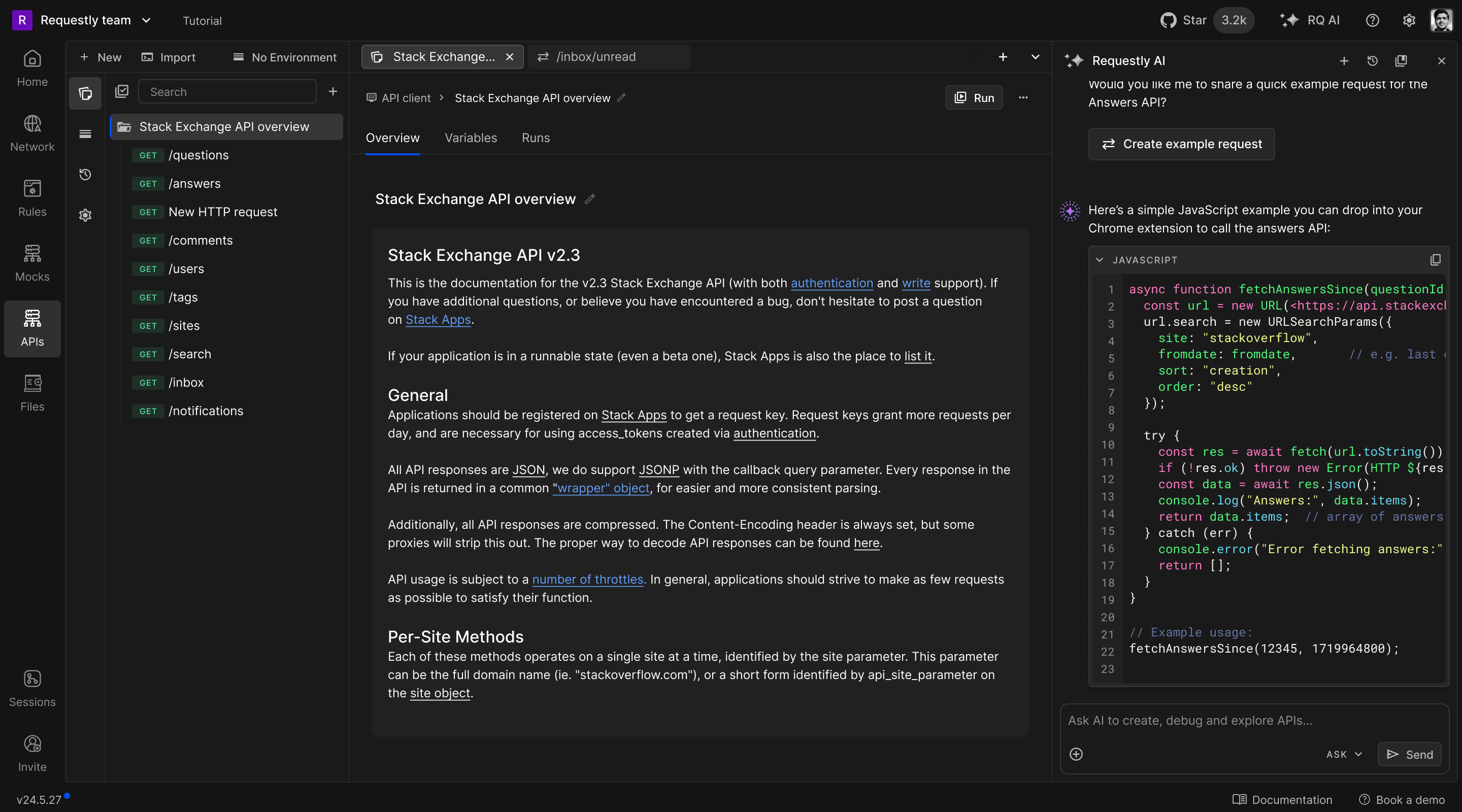 Generated JavaScript fetch snippet for a Stack Exchange API request
