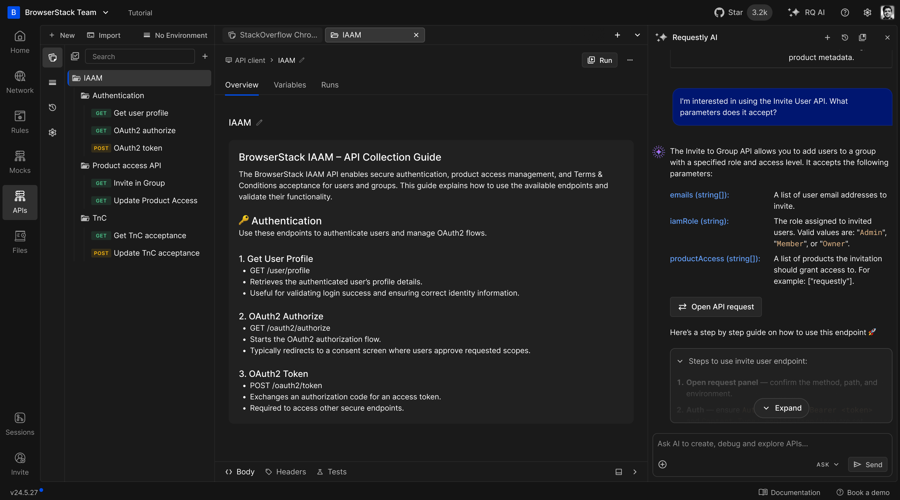 Generated collection overview and a follow-up question about Invite User API parameters