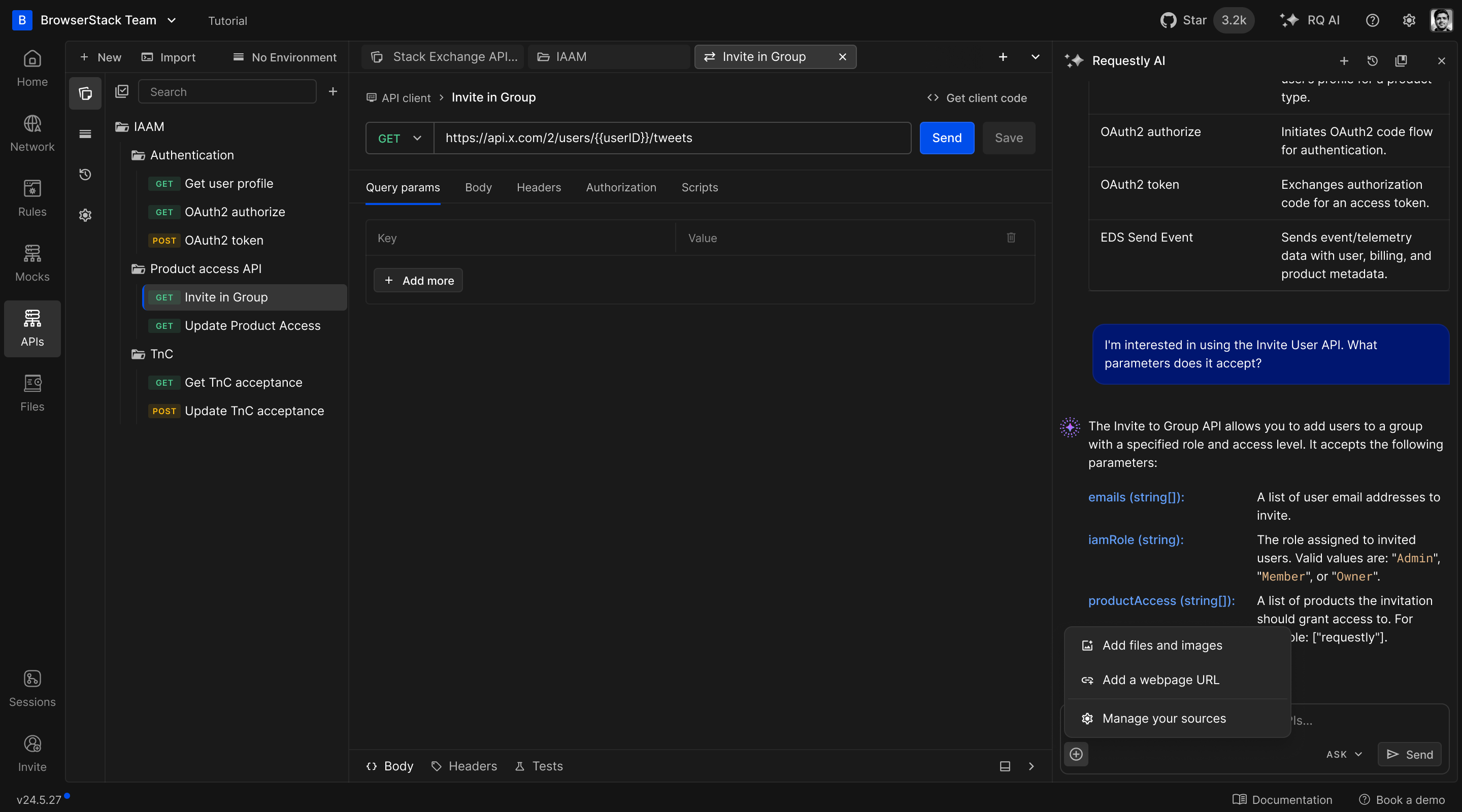 Assistant explaining Invite to Group parameters with an option to open the API request