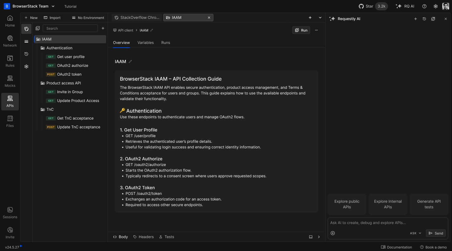 Requestly AI panel with entry prompts to explore APIs and generate tests