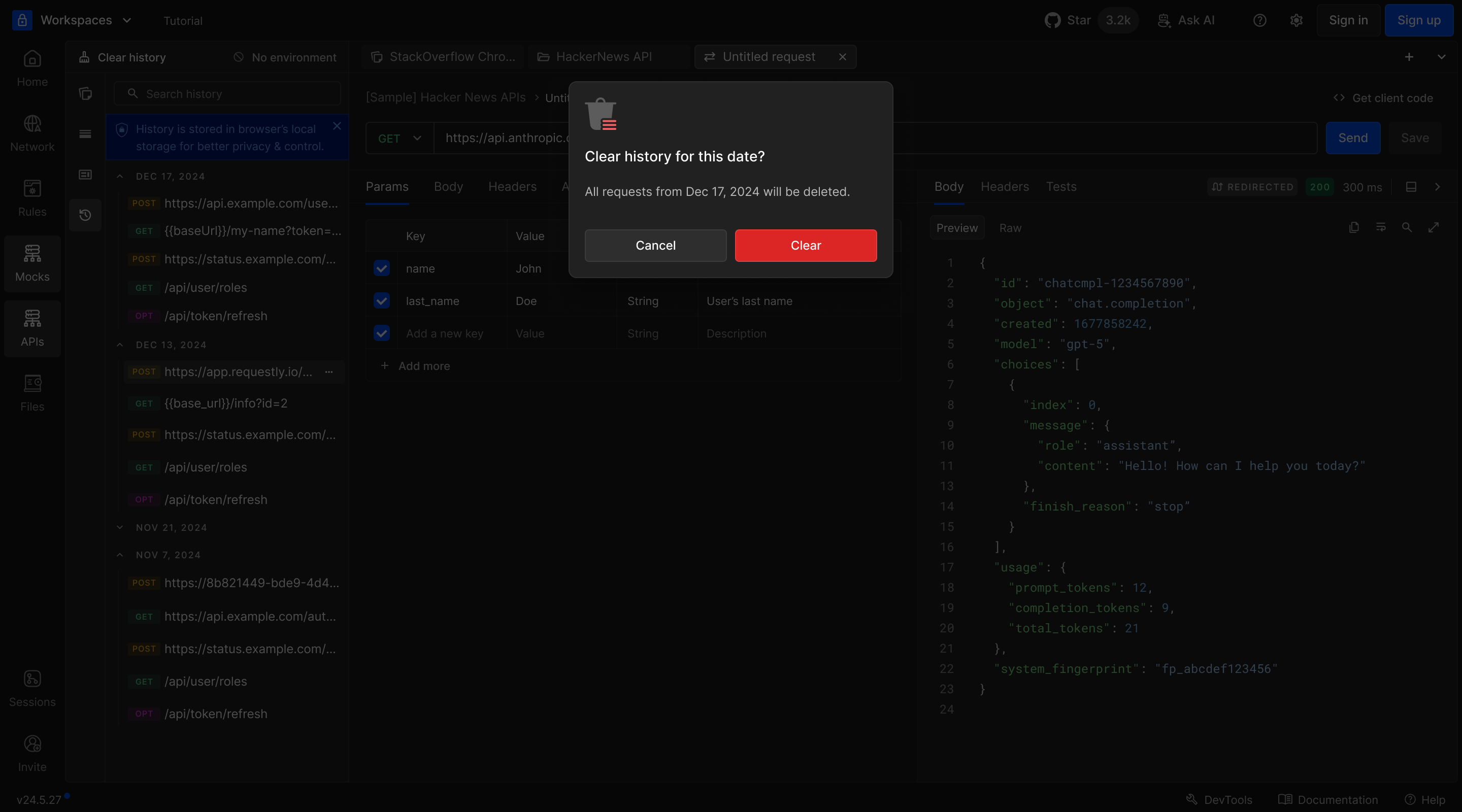 Clear history confirmation for deleting requests from a date