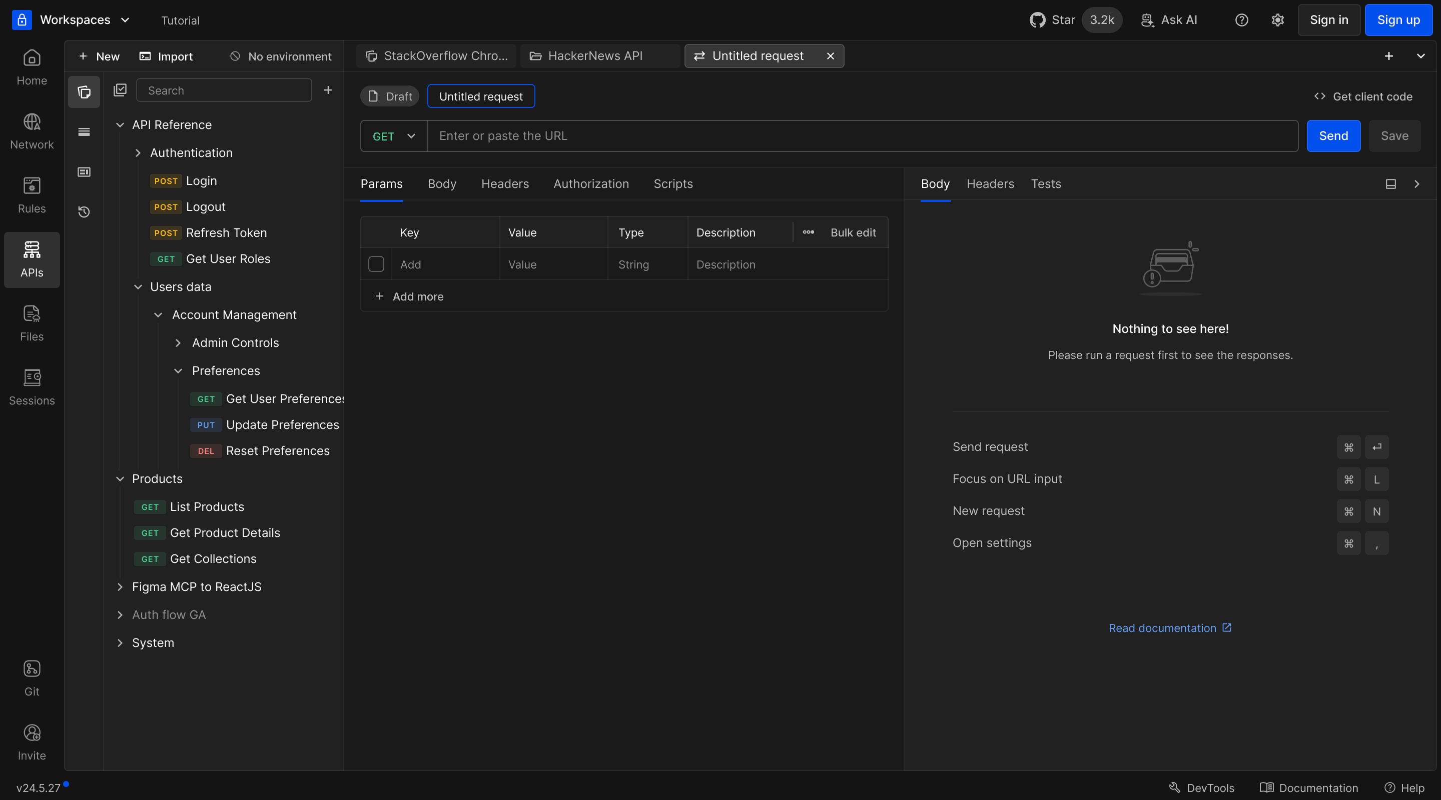 New request editor with empty params and response panel