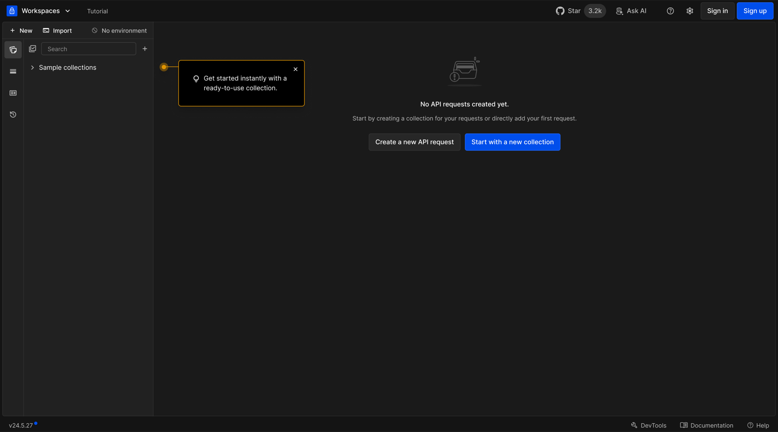Empty workspace before any request has been created