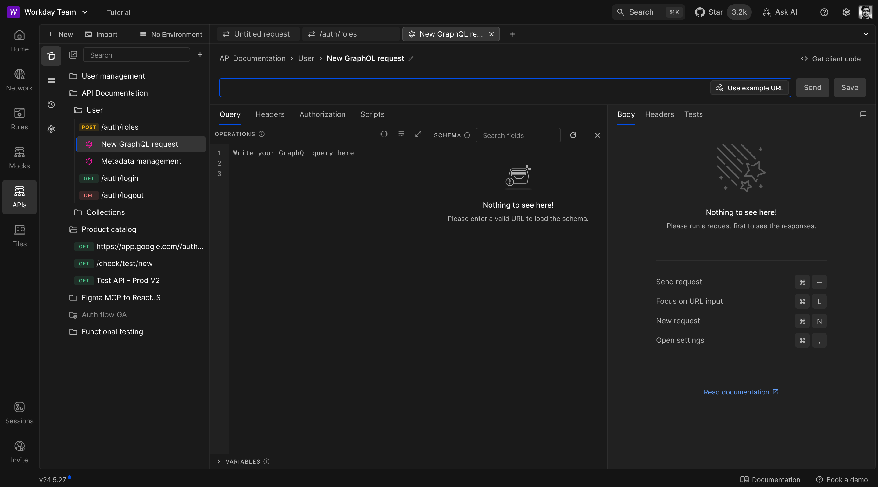 New GraphQL request with empty query and schema panels
