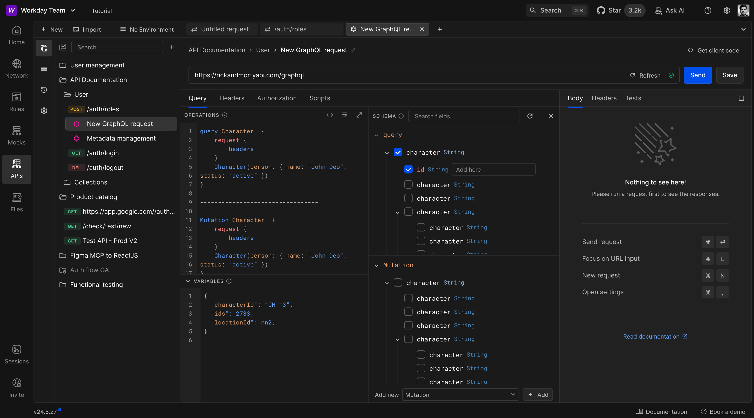 GraphQL query and variables editor with the schema explorer open