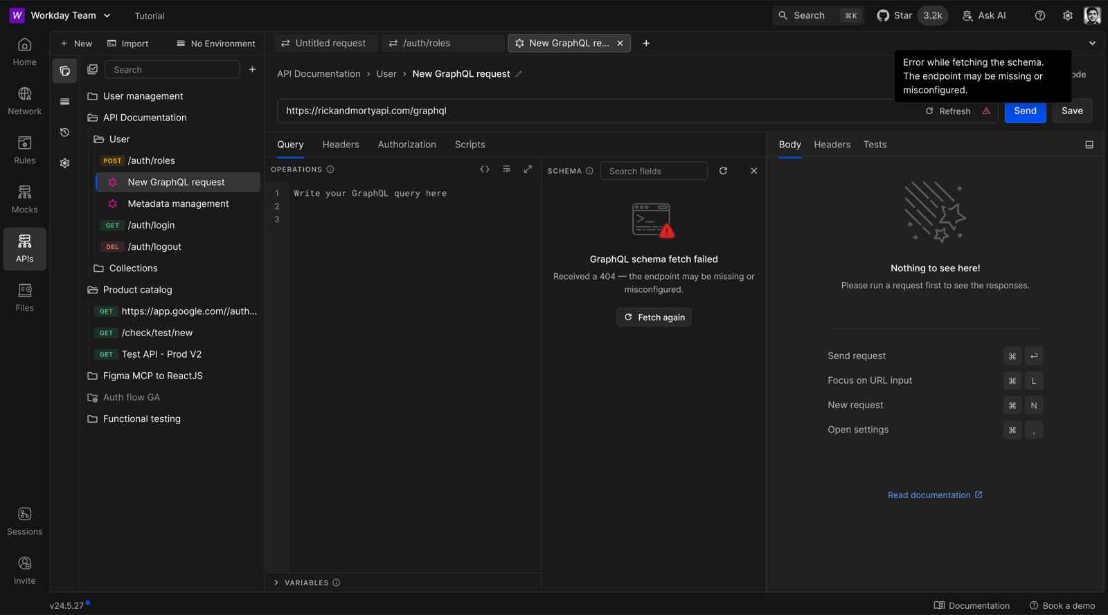 GraphQL query built against a loaded schema, with fields picked from the explorer
