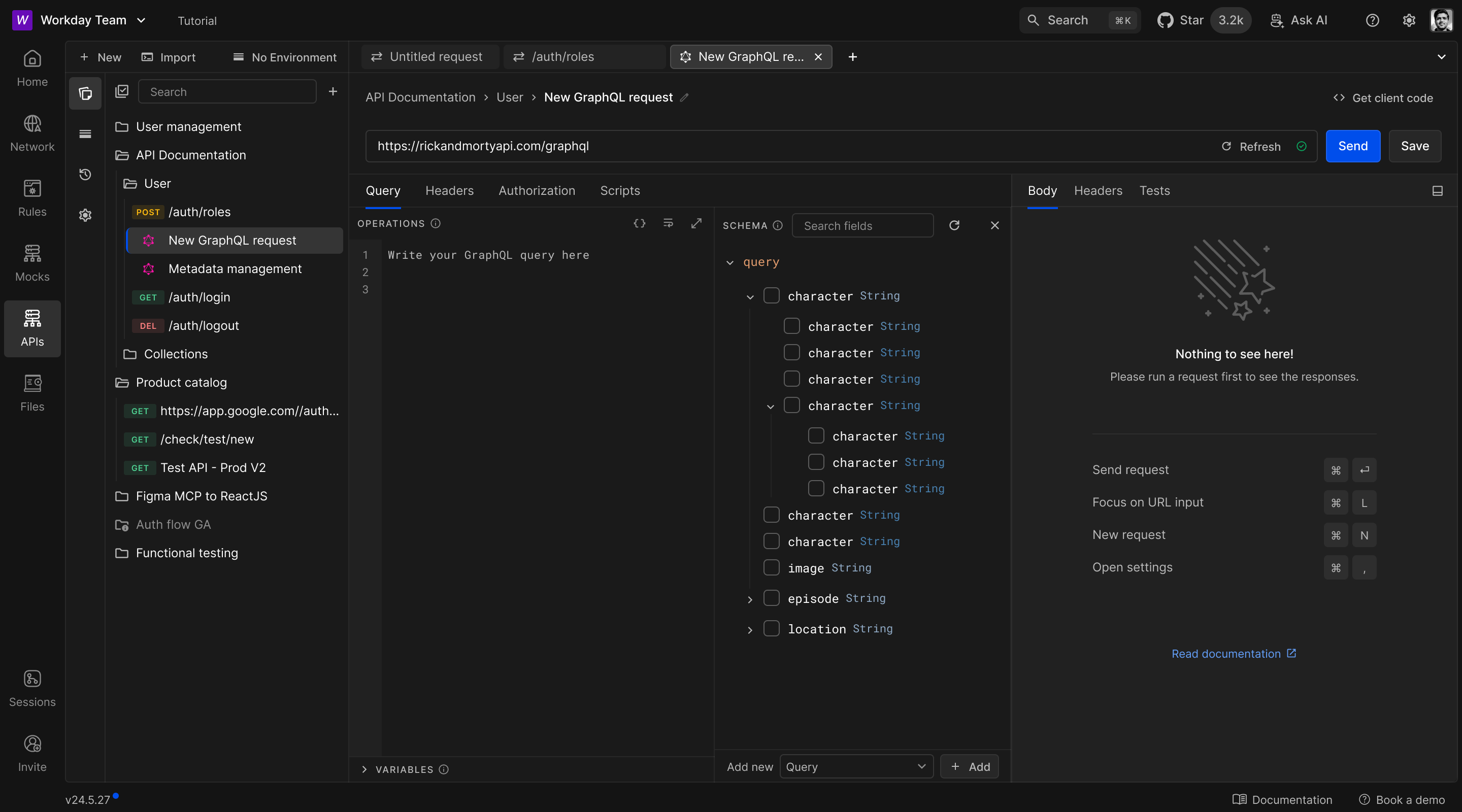 GraphQL schema explorer with selectable fields after the schema loads