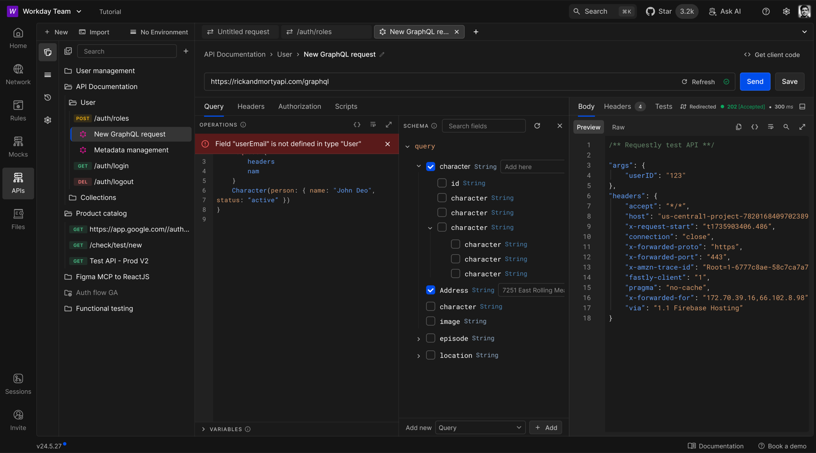 GraphQL validation catching a field that doesn't exist on the type, next to the response