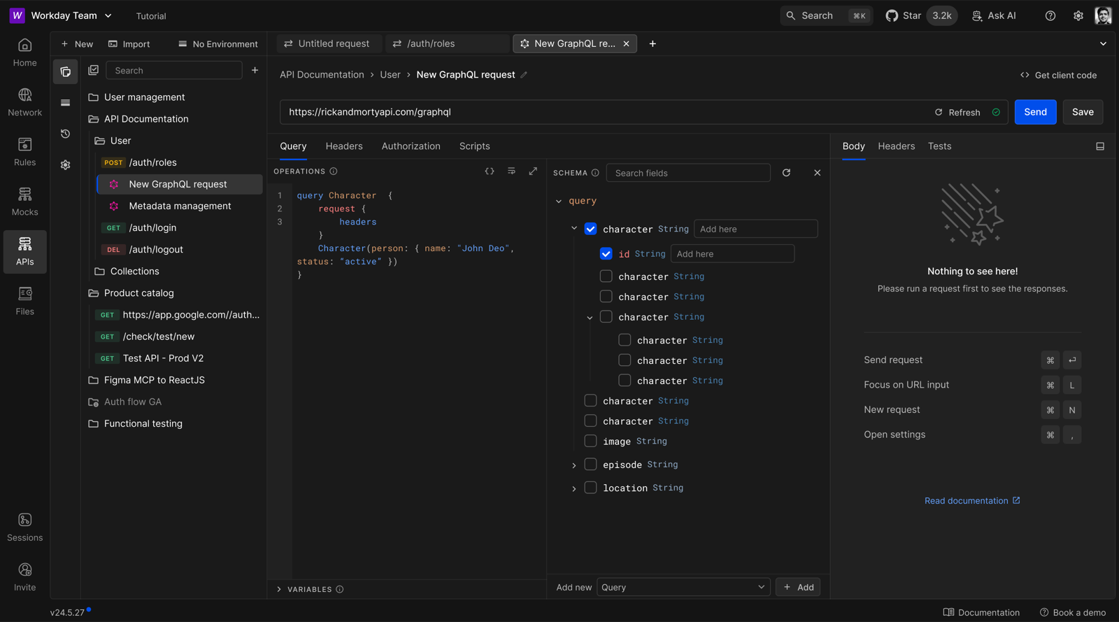 GraphQL variables editor, with the option to add a new query or mutation