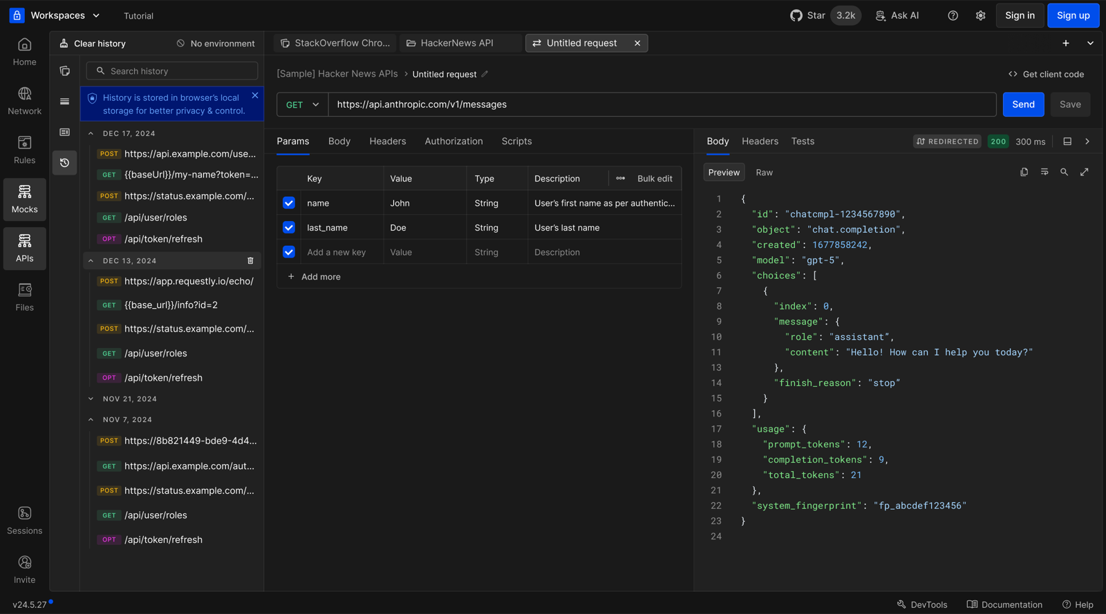 History panel listing past requests, stored locally in the browser