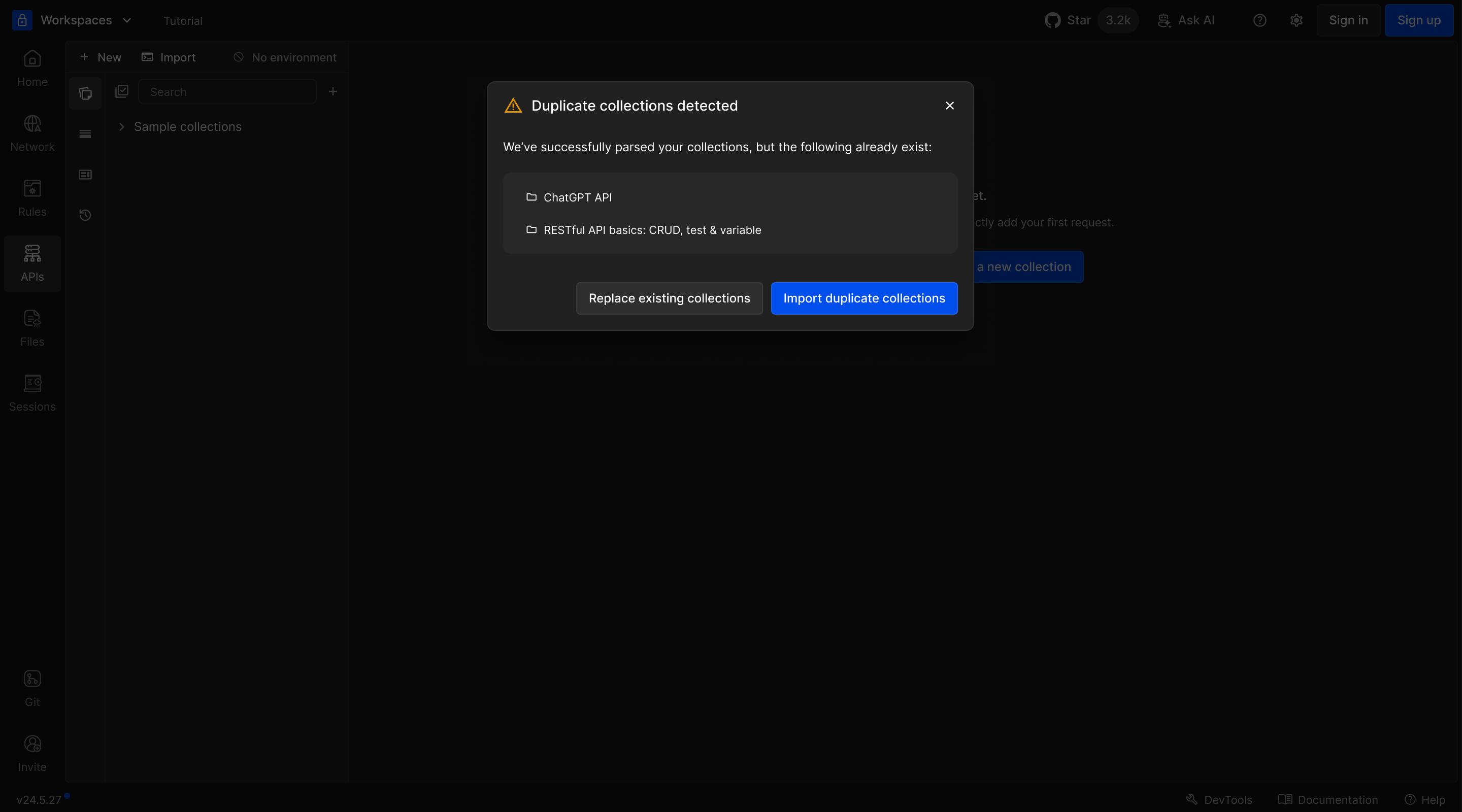Warning when imported collections already exist in the workspace