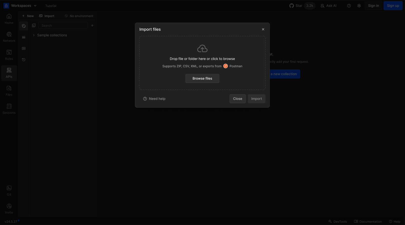 Import files modal, supporting ZIP, CSV, XML or a Postman export
