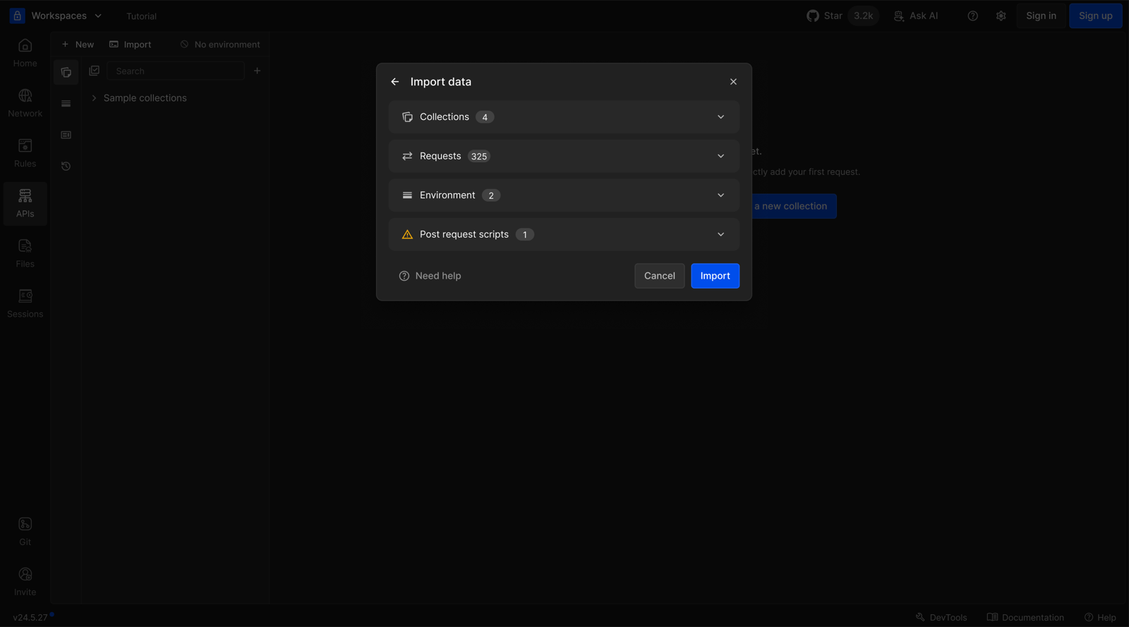 Import summary showing the collections, requests, environments and scripts found in the file