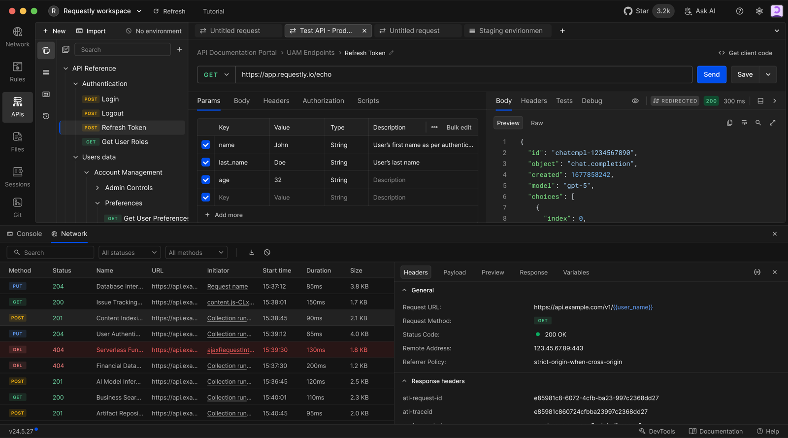 Inspecting the headers of a request from the network panel