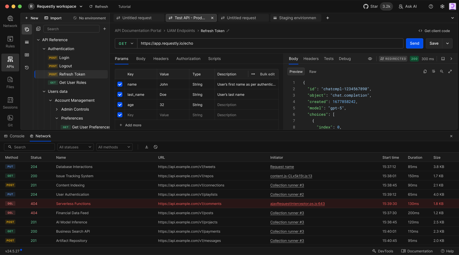 Network panel listing API calls alongside an open request