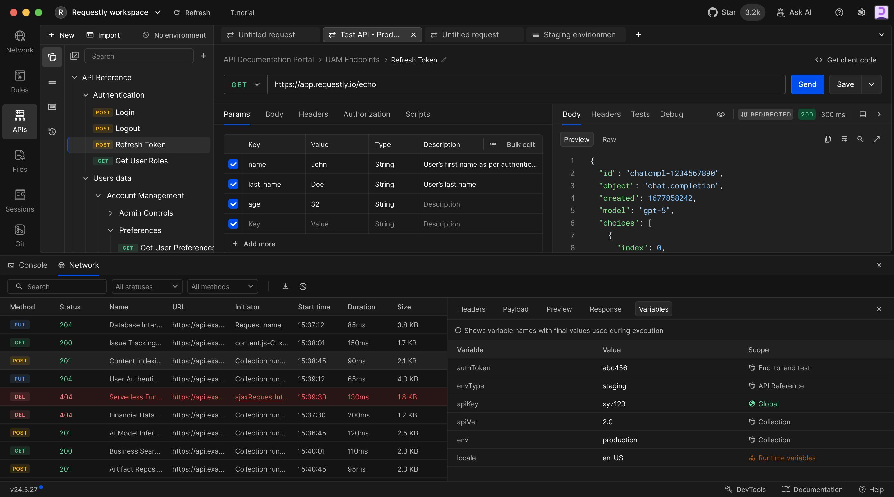 Network panel with the Variables tab open for a selected request