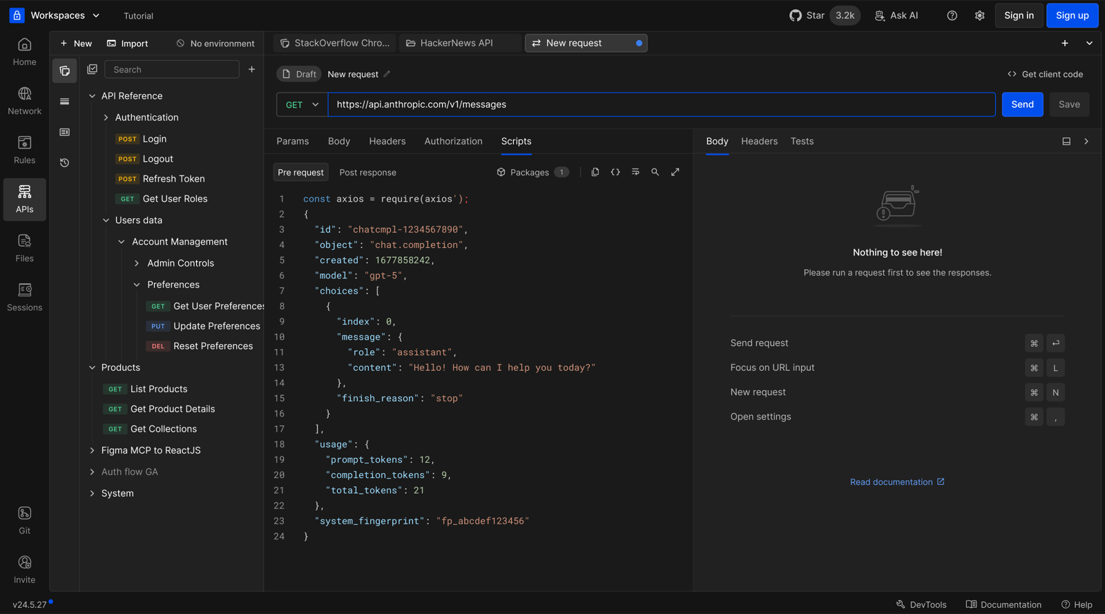 Pre-request script editor, before the request has been run
