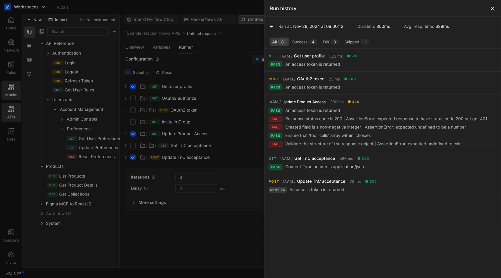 Run history showing pass, fail and skip counts for a past collection run