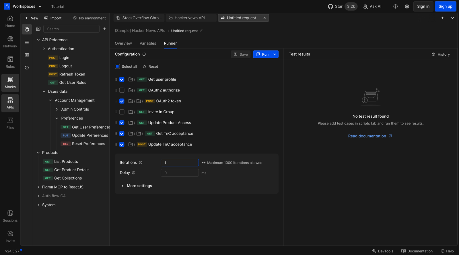 Collection runner configuration, selecting which requests to include in a run