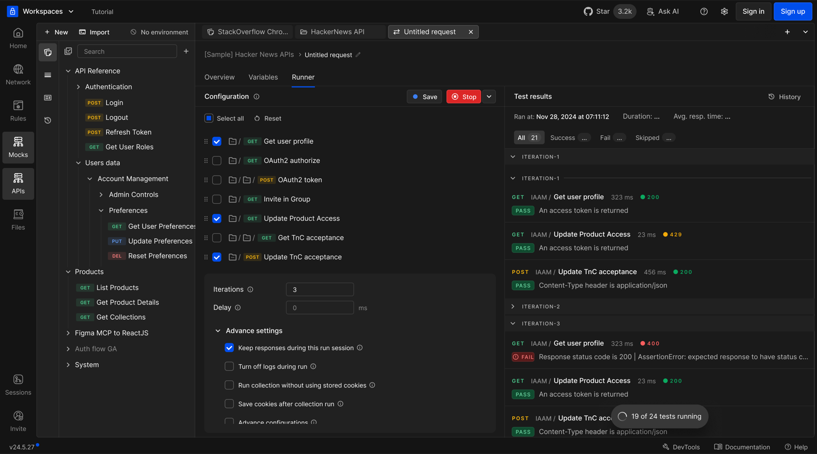 A collection run configured for multiple iterations, with advanced run settings