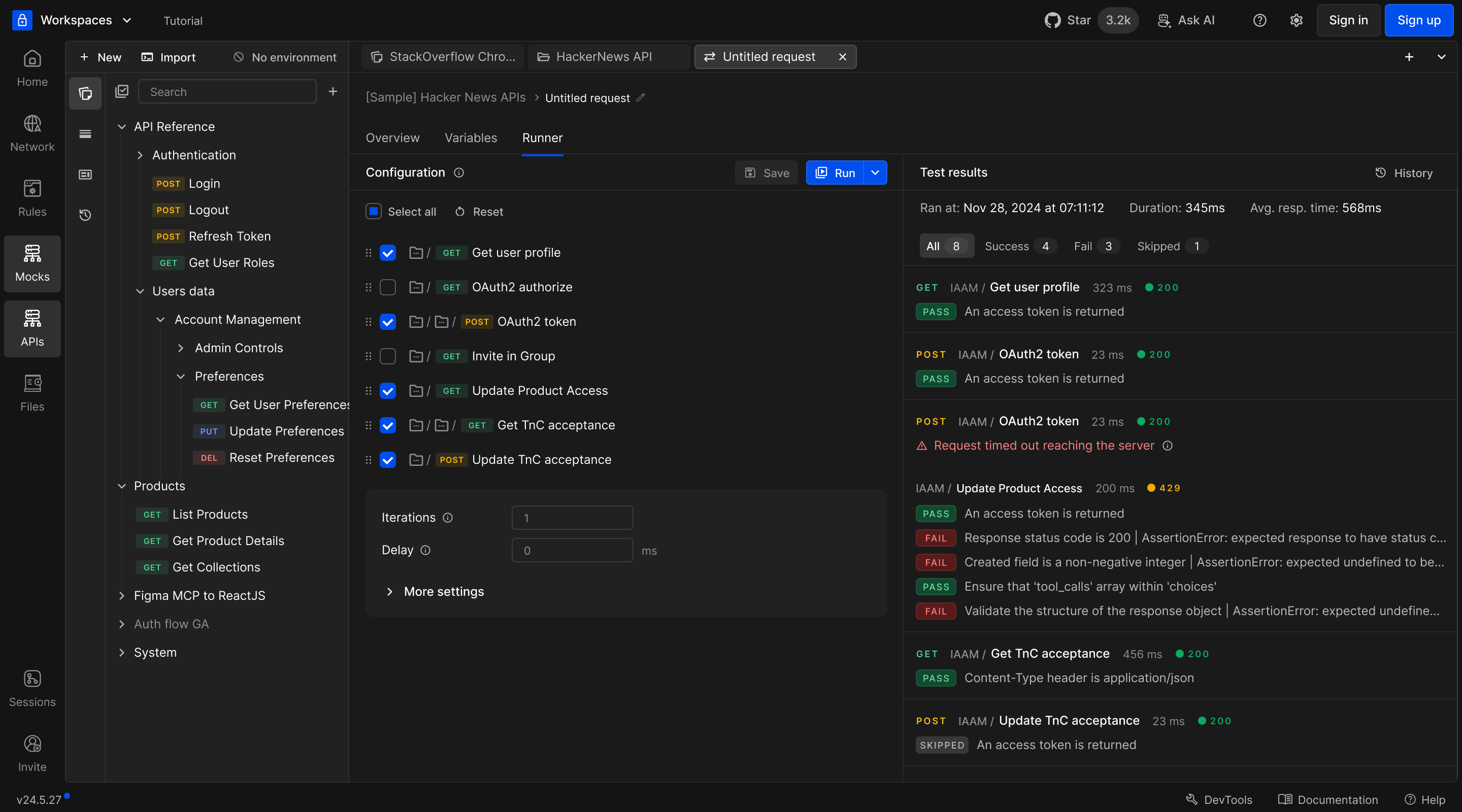 Collection runner with configuration and pass, fail, and skip results