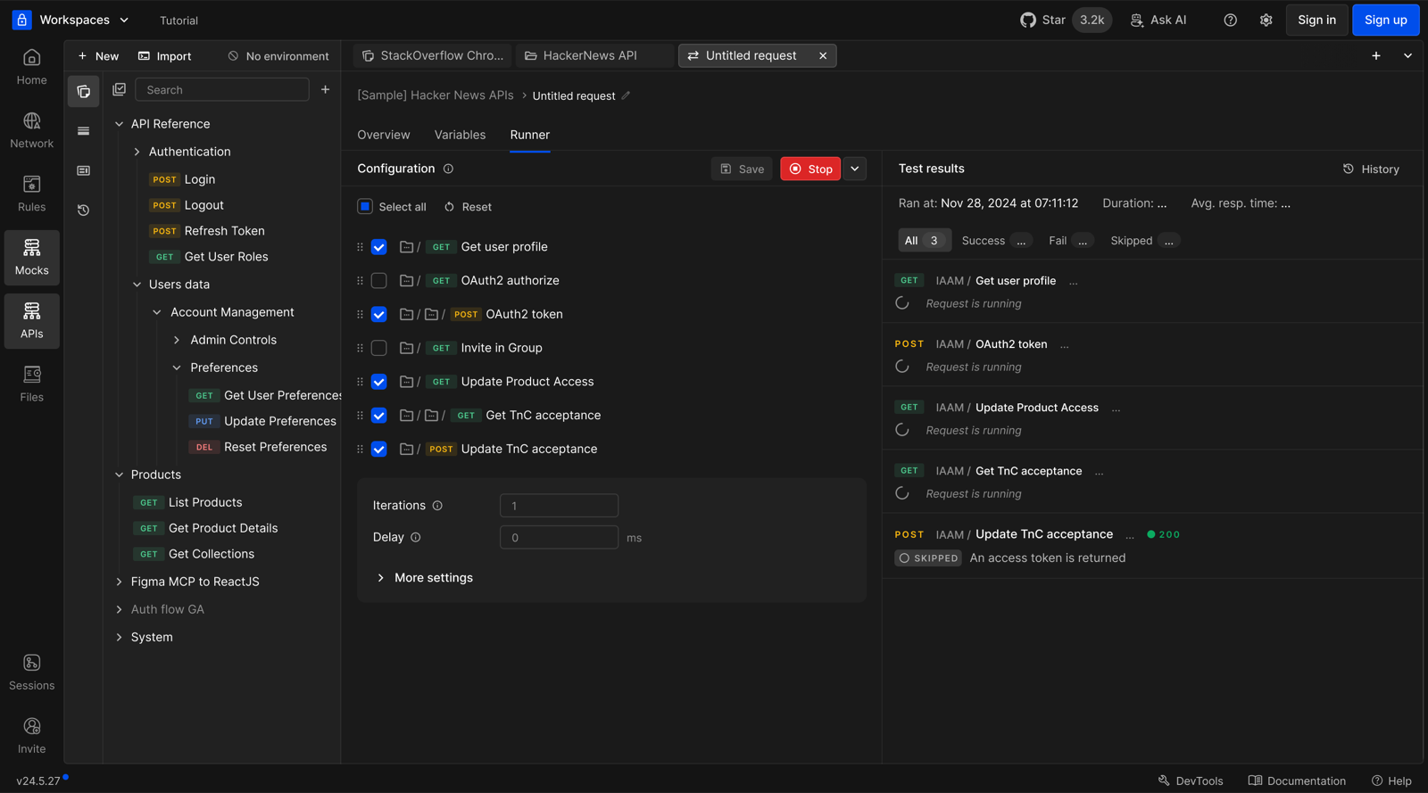 A collection run in progress, with results streaming in