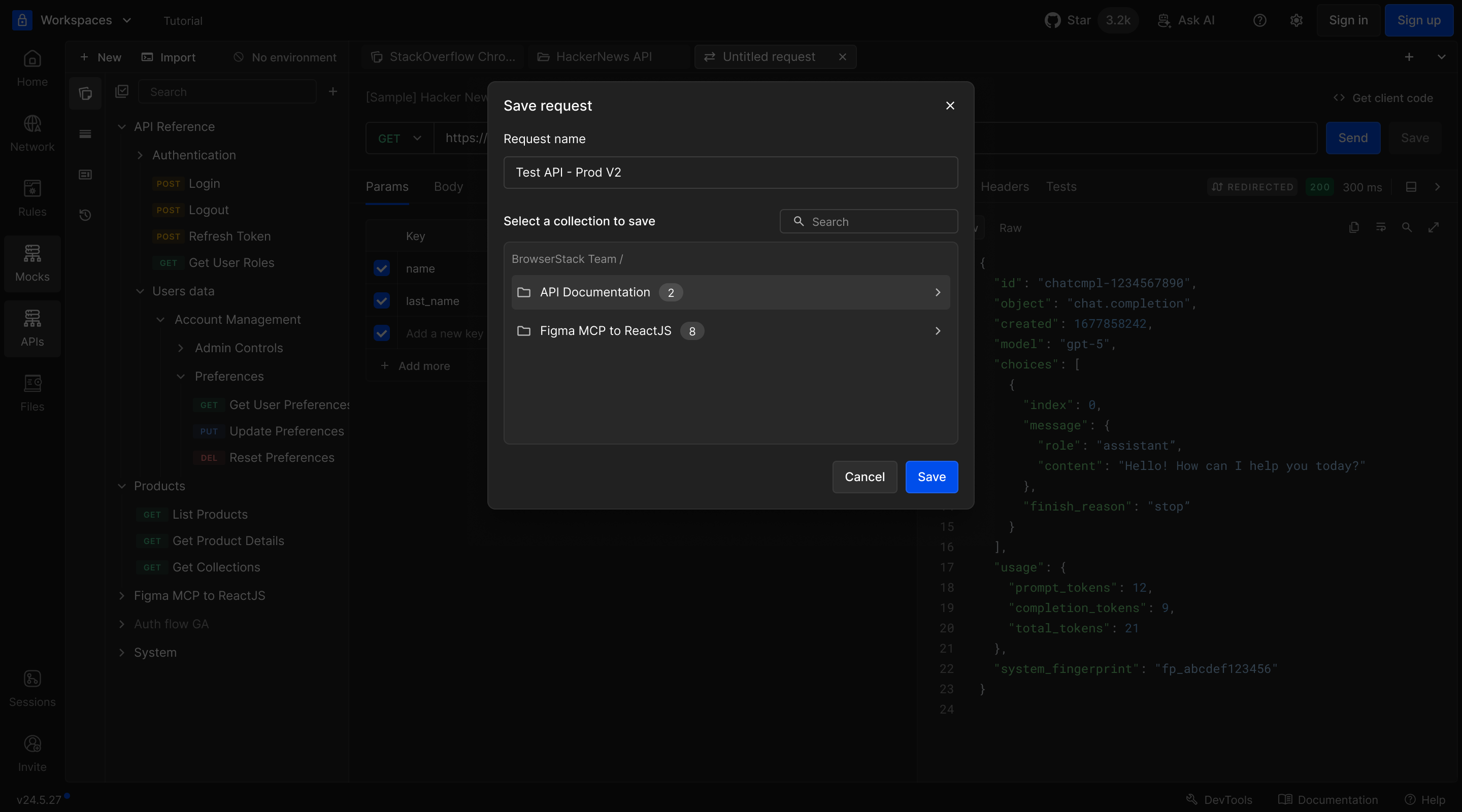 Save request modal for naming a request and choosing a collection
