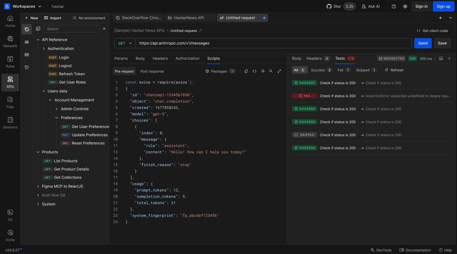Test results for a request, with a mix of passing, failing and skipped assertions