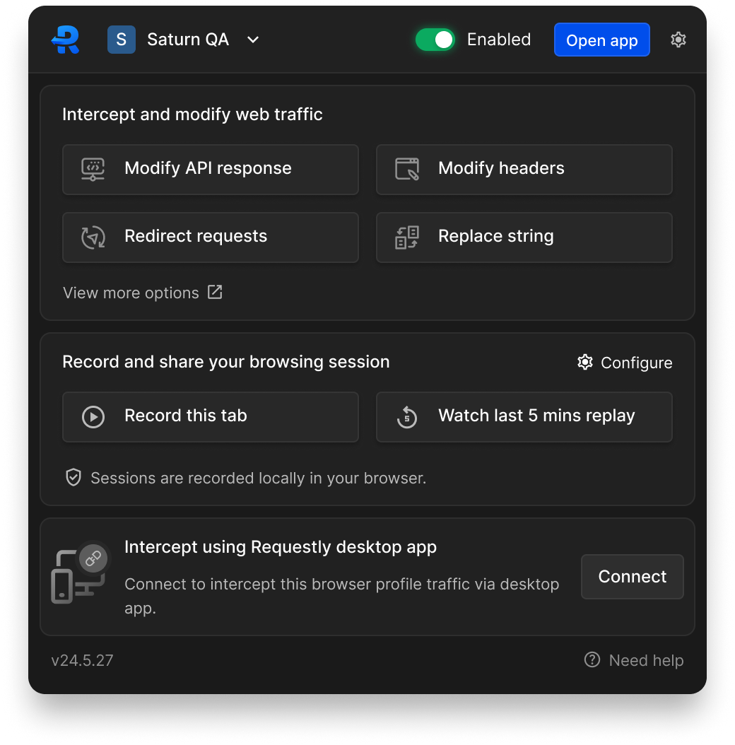Default state of the Requestly Chrome extension