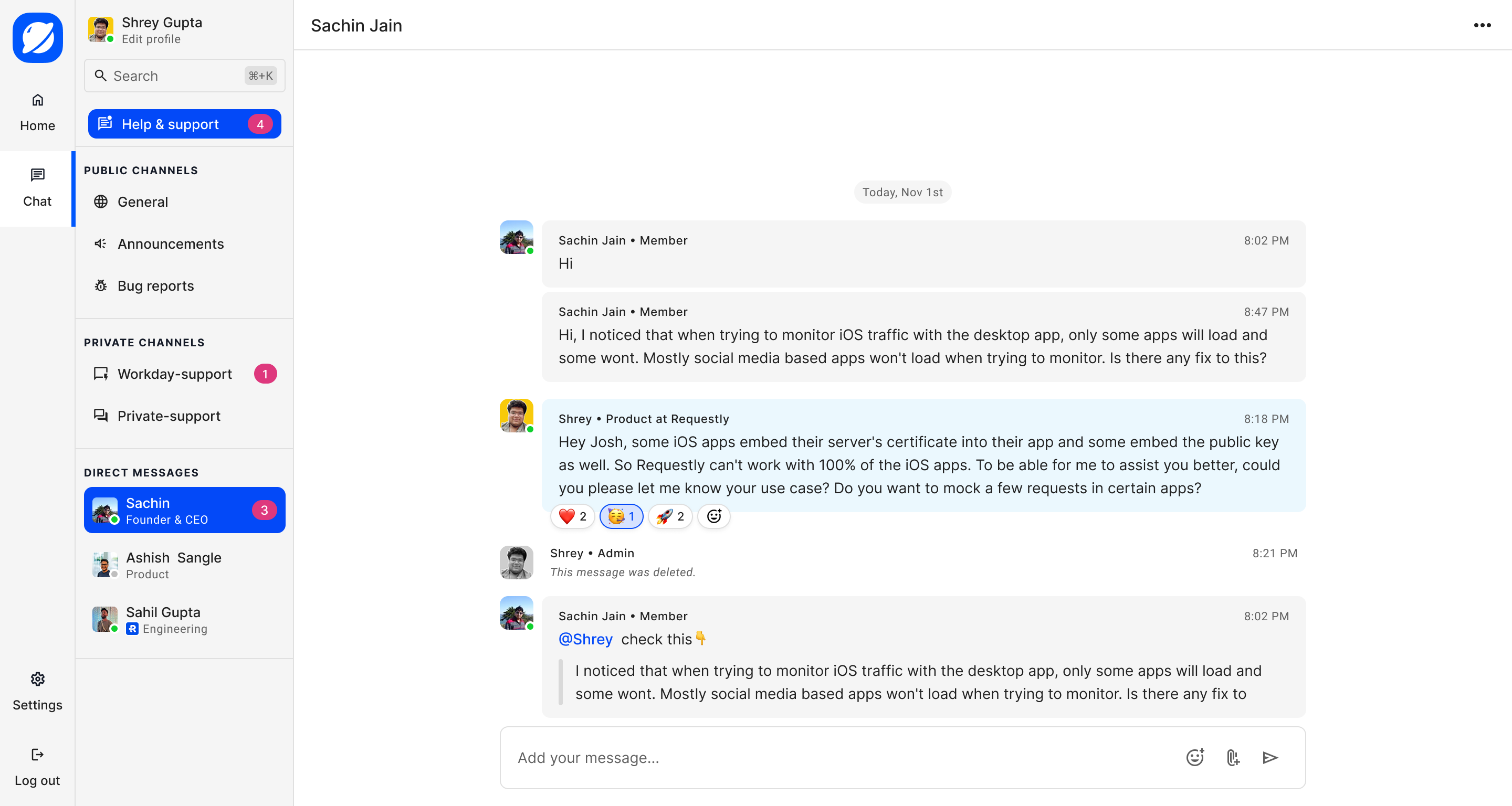 Multiple reactions from multiple users on a message