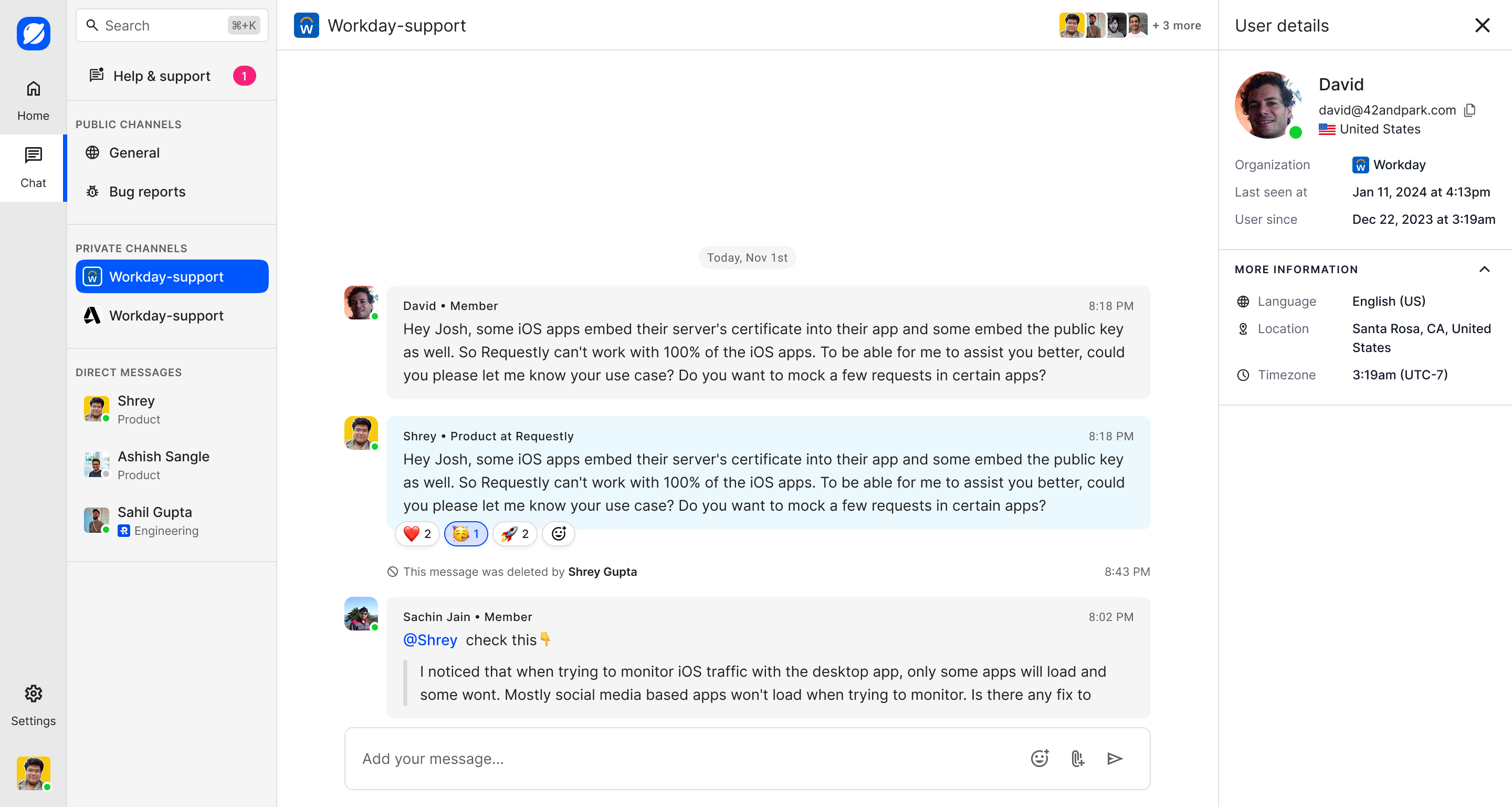 User profile shown from within a channel