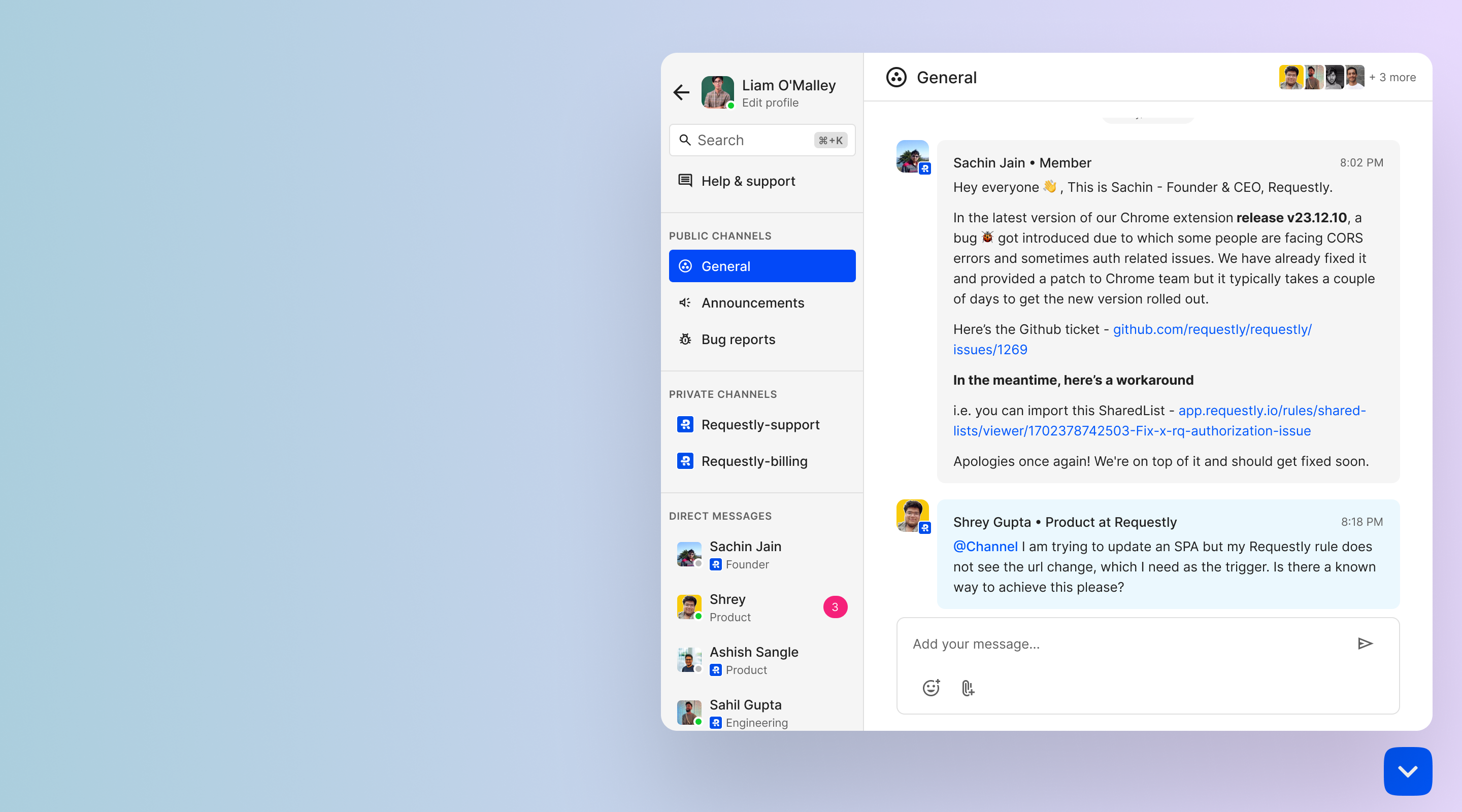 Widget open, showing general chat