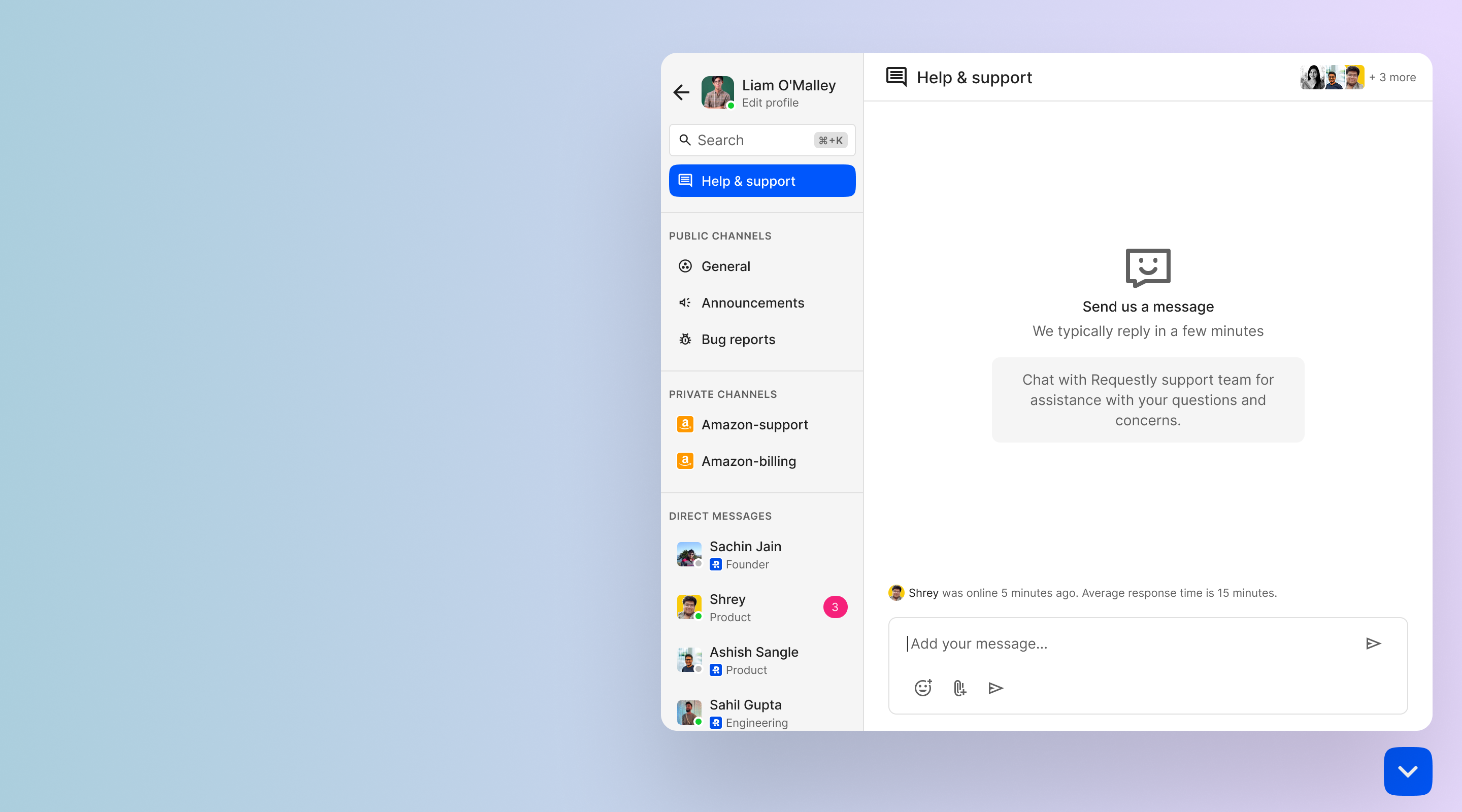 Widget open, showing help and support