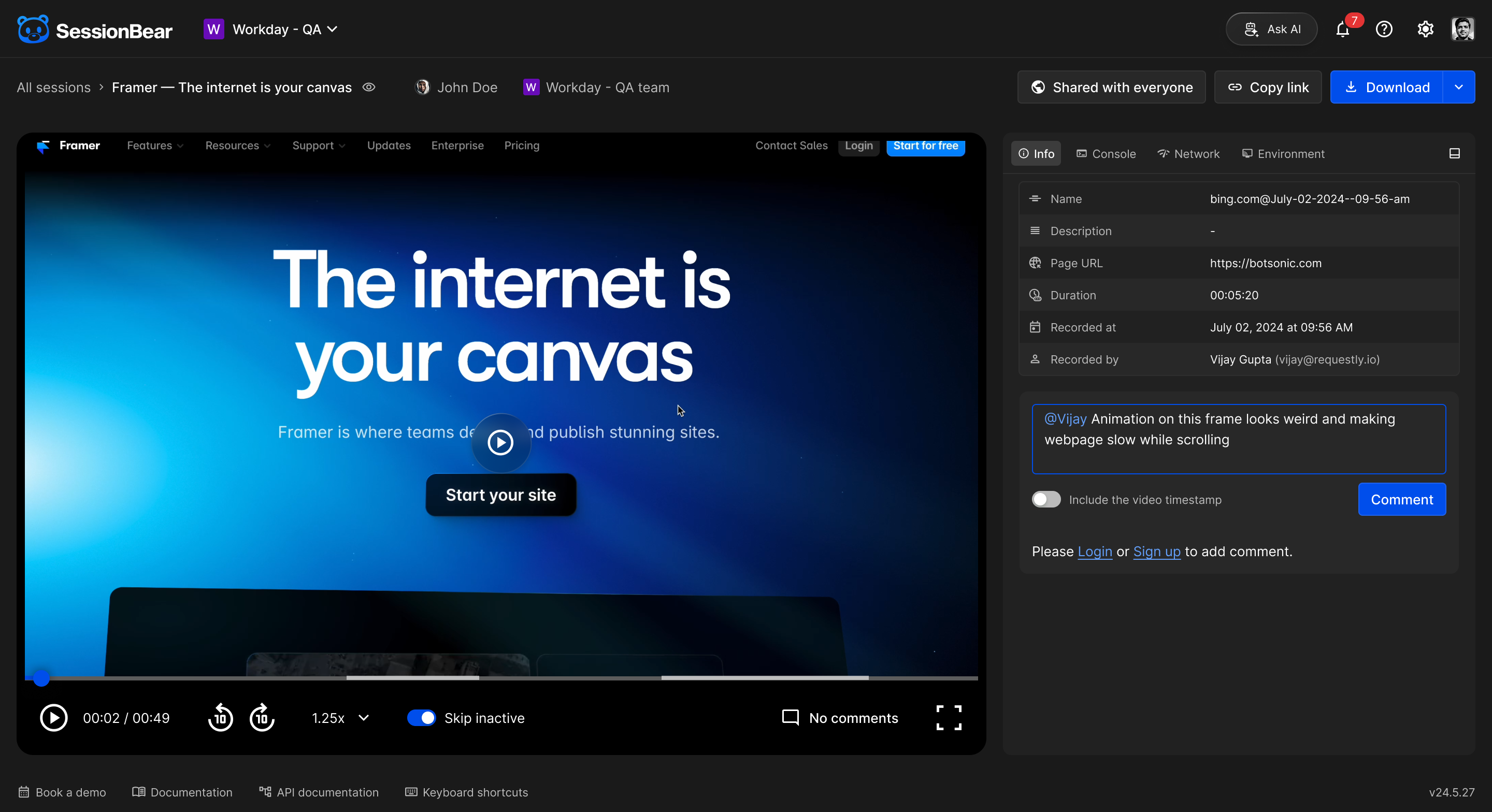 Guest session view with a comment and an option to include the video timestamp