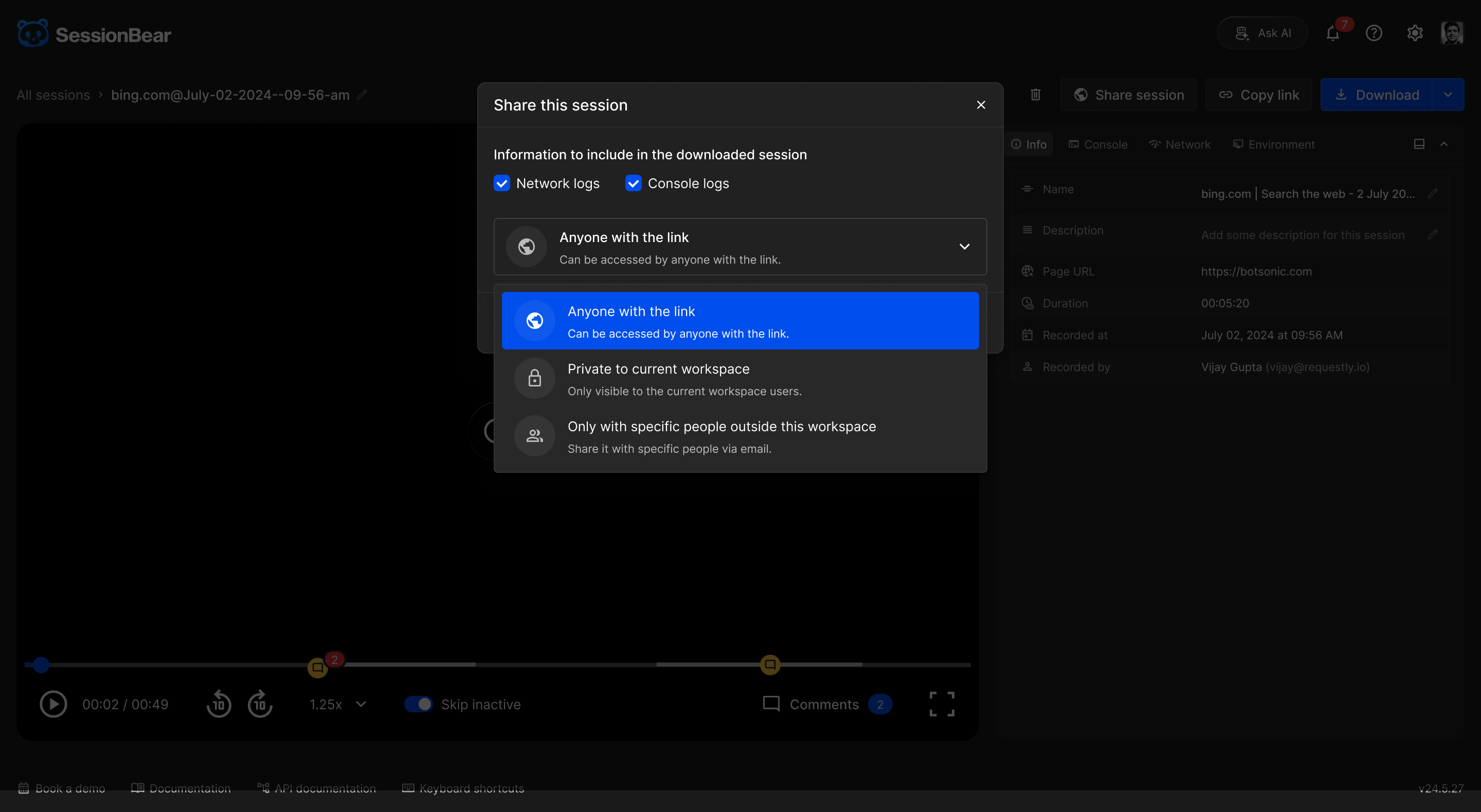 Sharing options for anyone with the link, workspace members, or specific people