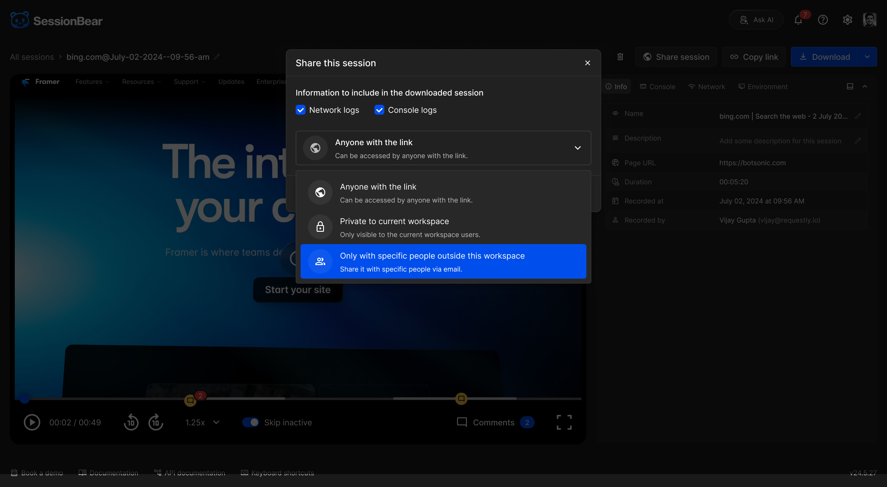 Share session modal for sending a recording