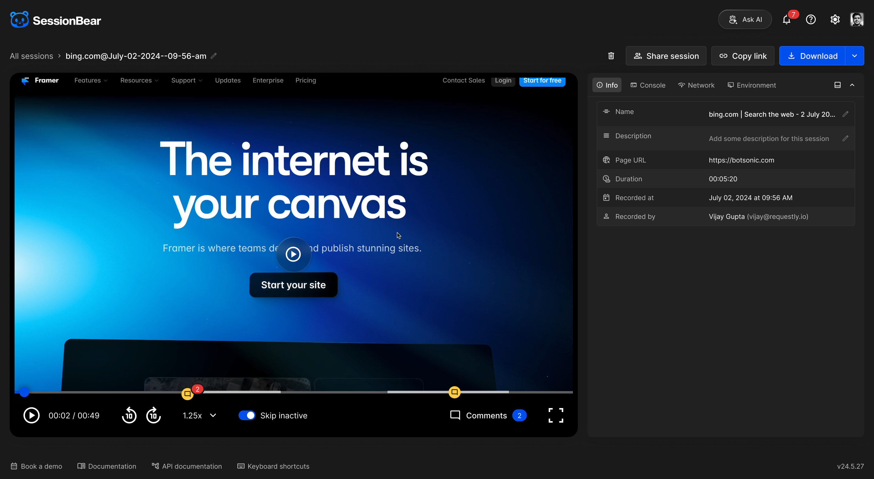 Shared session view after sending